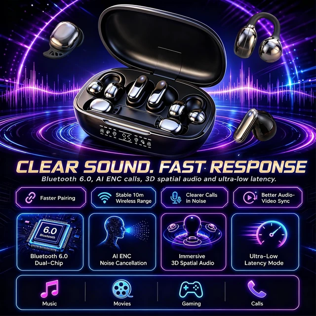 Alt view image 7 of 7 - 6in1 Bluetooth Wireless Earbuds, Interchangeable Clipon, InEar & Sleep Earphones with Rechargeable Charging Case, APP EQ Control, LED Digital Display, Low Latency Headphones for Sports and Travel