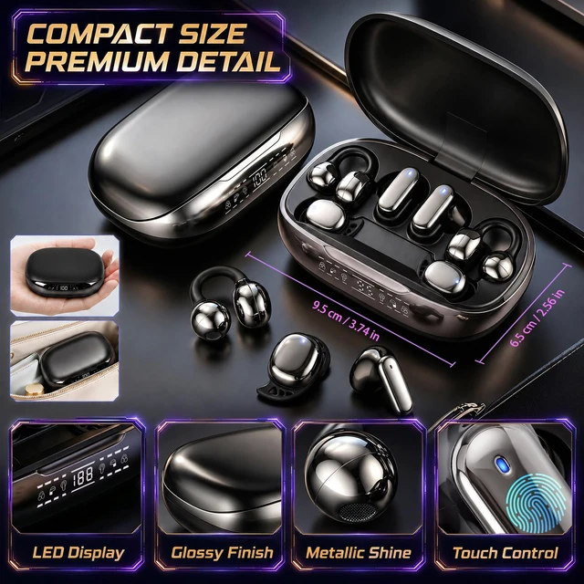 Alt view image 5 of 7 - 6in1 Bluetooth Wireless Earbuds, Interchangeable Clipon, InEar & Sleep Earphones with Rechargeable Charging Case, APP EQ Control, LED Digital Display, Low Latency Headphones for Sports and Travel