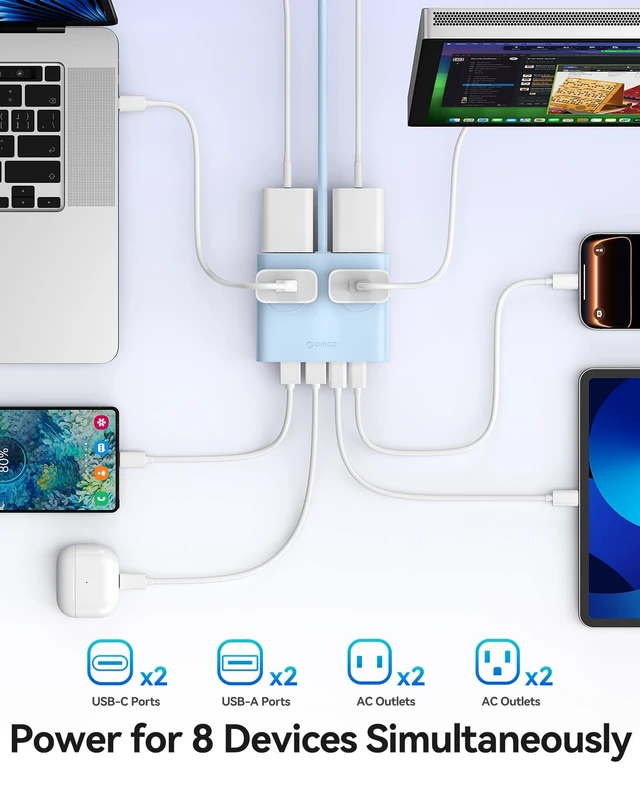 Alt view image 2 of 7 - 25W GaN Power Strip with USB Ports, 8-in-1 Charging Station with 4 AC Outlets, 2 USB-C, 2 USB-A Ports, 5ft Extension Cord, Ultra Thin Flat Plug for Travel Office ETL Listed- (1 Pack)