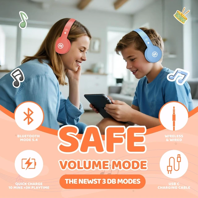 Alt view image 2 of 7 - Headphones Kids Bluetooth 5.4 Wireless Play Time 68H Safe Volume Limit 85/94dB Over-Ear Foldable Headset,Fast Charging,with Aux Cord Built-in Mic for Toddler Child Pad Study Tablet Coral