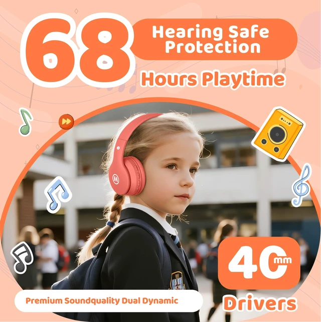 Alt view image 3 of 7 - Headphones Kids Bluetooth 5.4 Wireless Play Time 68H Safe Volume Limit 85/94dB Over-Ear Foldable Headset,Fast Charging,with Aux Cord Built-in Mic for Toddler Child Pad Study Tablet Coral