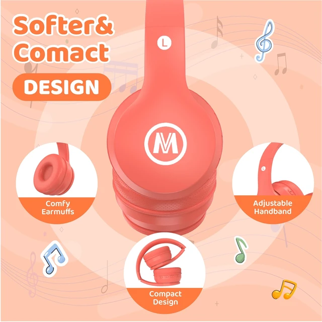 Alt view image 6 of 7 - Headphones Kids Bluetooth 5.4 Wireless Play Time 68H Safe Volume Limit 85/94dB Over-Ear Foldable Headset,Fast Charging,with Aux Cord Built-in Mic for Toddler Child Pad Study Tablet Coral