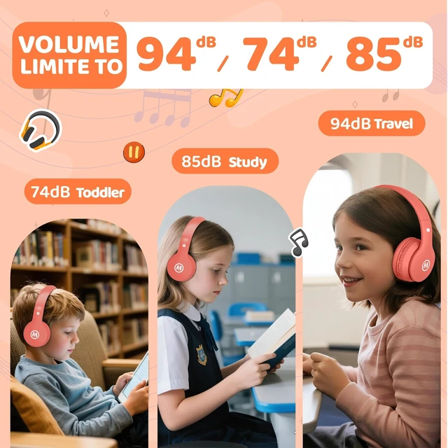 Alt view image 5 of 7 - Headphones Kids Bluetooth 5.4 Wireless Play Time 68H Safe Volume Limit 85/94dB Over-Ear Foldable Headset,Fast Charging,with Aux Cord Built-in Mic for Toddler Child Pad Study Tablet Coral