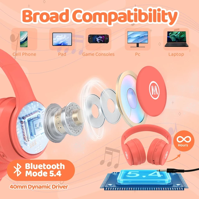 Alt view image 7 of 7 - Headphones Kids Bluetooth 5.4 Wireless Play Time 68H Safe Volume Limit 85/94dB Over-Ear Foldable Headset,Fast Charging,with Aux Cord Built-in Mic for Toddler Child Pad Study Tablet Coral