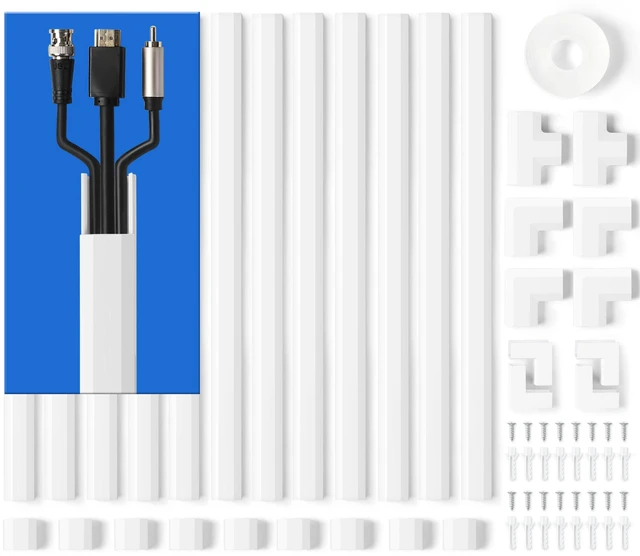 Main image of 204in Wall Cord Cover Kit with Complete Accessories, White Cord Hider Self-Adhesive Wire Covers for Wall-Mounted TV Cords, Paintable Cable Raceway Concealer, 12 Sections L15.7in Each, W1in H0.5in