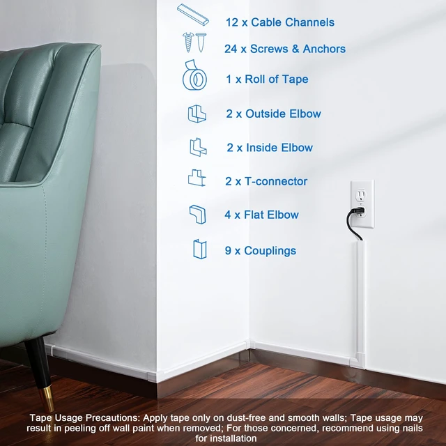 Alt view image 3 of 6 - 204in Wall Cord Cover Kit with Complete Accessories, White Cord Hider Self-Adhesive Wire Covers for Wall-Mounted TV Cords, Paintable Cable Raceway Concealer, 12 Sections L15.7in Each, W1in H0.5in