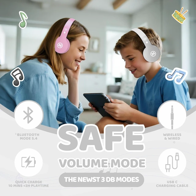 Alt view image 2 of 7 - Headphones Kids Bluetooth 5.4 Wireless Play Time 68H Safe Volume Limit 85/94dB Over-Ear Foldable Headset,Fast Charging,with Aux Cord Built-in Mic for Toddler Child Pad Study Tablet White