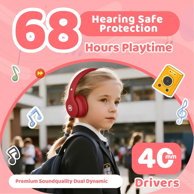 Alt view image 3 of 7 - Headphones Kids Bluetooth 5.4 Wireless Play Time 68H Safe Volume Limit 85/94dB Over-Ear Foldable Headset,Fast Charging,with Aux Cord Built-in Mic for Toddler Child Pad Study Tablet Red