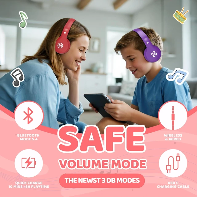 Alt view image 2 of 7 - Headphones Kids Bluetooth 5.4 Wireless Play Time 68H Safe Volume Limit 85/94dB Over-Ear Foldable Headset,Fast Charging,with Aux Cord Built-in Mic for Toddler Child Pad Study Tablet Red