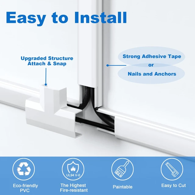 Alt view image 4 of 6 - 204in Wall Cord Cover Kit with Complete Accessories, White Cord Hider Self-Adhesive Wire Covers for Wall-Mounted TV Cords, Paintable Cable Raceway Concealer, 12 Sections L15.7in Each, W1in H0.5in