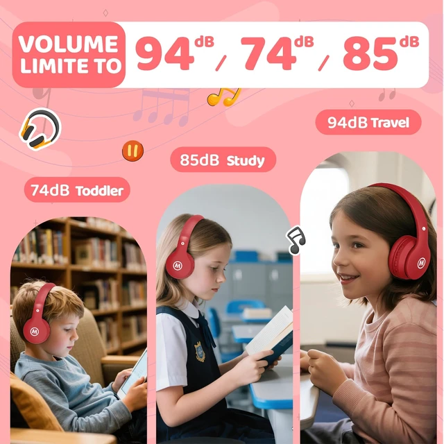 Alt view image 5 of 7 - Headphones Kids Bluetooth 5.4 Wireless Play Time 68H Safe Volume Limit 85/94dB Over-Ear Foldable Headset,Fast Charging,with Aux Cord Built-in Mic for Toddler Child Pad Study Tablet Red