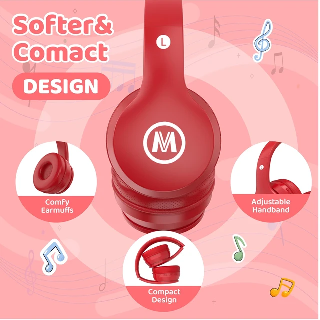 Alt view image 6 of 7 - Headphones Kids Bluetooth 5.4 Wireless Play Time 68H Safe Volume Limit 85/94dB Over-Ear Foldable Headset,Fast Charging,with Aux Cord Built-in Mic for Toddler Child Pad Study Tablet Red