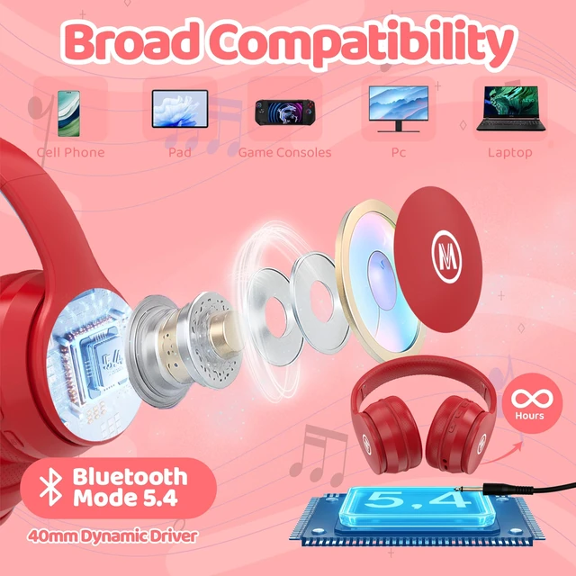 Alt view image 7 of 7 - Headphones Kids Bluetooth 5.4 Wireless Play Time 68H Safe Volume Limit 85/94dB Over-Ear Foldable Headset,Fast Charging,with Aux Cord Built-in Mic for Toddler Child Pad Study Tablet Red