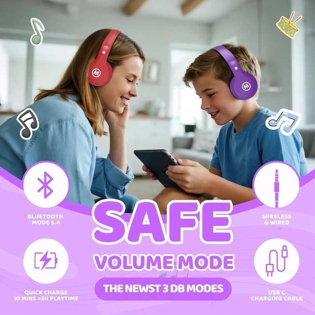 Alt view image 2 of 7 - Headphones Kids Bluetooth 5.4 Wireless Play Time 68H Safe Volume Limit 85/94dB Over-Ear Foldable Headset,Fast Charging,with Aux Cord Built-in Mic for Toddler Child Pad Study Tablet Purple