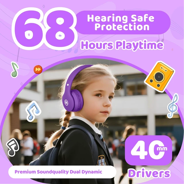 Alt view image 3 of 7 - Headphones Kids Bluetooth 5.4 Wireless Play Time 68H Safe Volume Limit 85/94dB Over-Ear Foldable Headset,Fast Charging,with Aux Cord Built-in Mic for Toddler Child Pad Study Tablet Purple