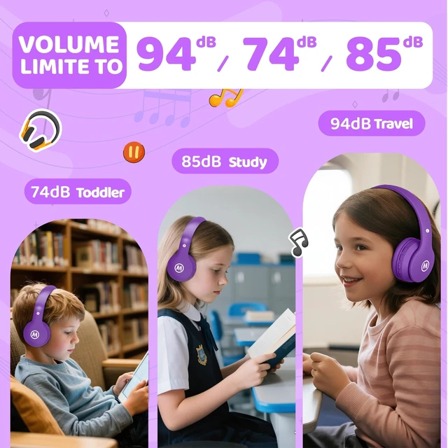 Alt view image 5 of 7 - Headphones Kids Bluetooth 5.4 Wireless Play Time 68H Safe Volume Limit 85/94dB Over-Ear Foldable Headset,Fast Charging,with Aux Cord Built-in Mic for Toddler Child Pad Study Tablet Purple