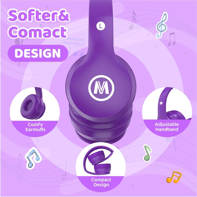 Alt view image 6 of 7 - Headphones Kids Bluetooth 5.4 Wireless Play Time 68H Safe Volume Limit 85/94dB Over-Ear Foldable Headset,Fast Charging,with Aux Cord Built-in Mic for Toddler Child Pad Study Tablet Purple