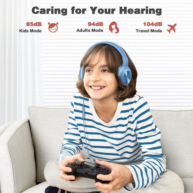 Alt view image 5 of 7 - Manyshare Headphones for Kid, 3.5mm Wired Headset with Mic for iPad Built-in Share Port, 3-Level Volume Limiting, HD Mic, Durable Foldable Over-Ear Design and Pouch for School, PC and Travel