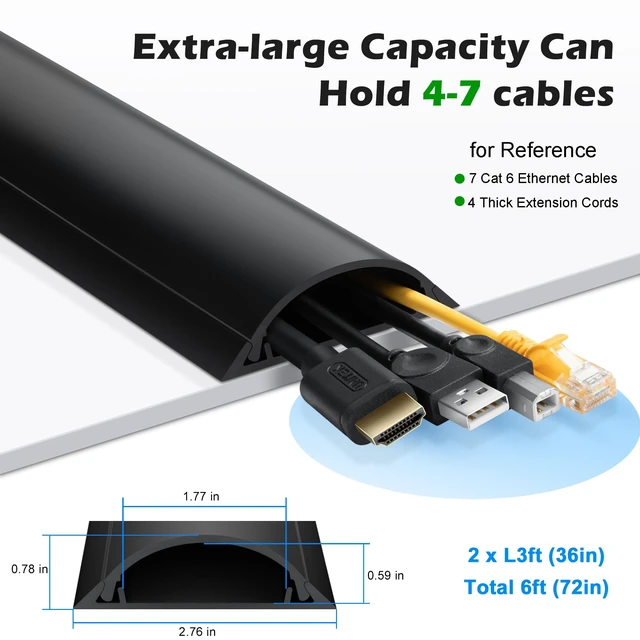 Alt view image 2 of 7 - 6ft Cord Covers for Wires on Floor, Large Capacity Wire Hider, Black Fits 4-7 Cables, Rigid PVC Construction, 2 Pack 3ft Each, Seamless Connection, Self-Adhesive, Cord Cavity 1.8" W x 0.6" H