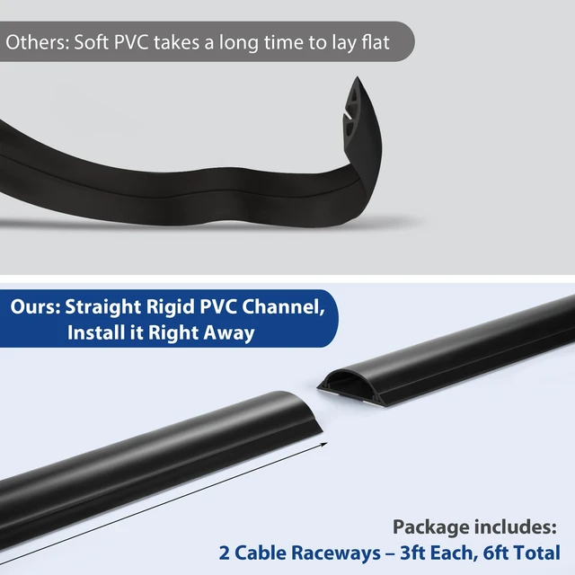 Alt view image 3 of 7 - 6ft Cord Covers for Wires on Floor, Large Capacity Wire Hider, Black Fits 4-7 Cables, Rigid PVC Construction, 2 Pack 3ft Each, Seamless Connection, Self-Adhesive, Cord Cavity 1.8" W x 0.6" H