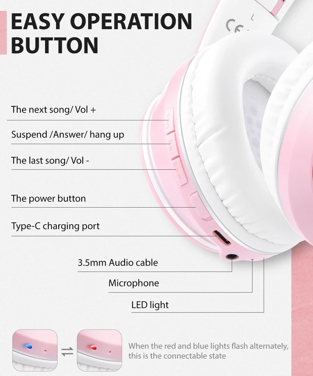 Alt view image 3 of 7 - E7 Wired/Wireless Bluetooth Headphones with Mic, 25 Hours Playtime 2 in 1 Wire less Blue tooth Head Phones Foldable Lightweight for Kids Boys Girls Youth in School Airplane Car Pink