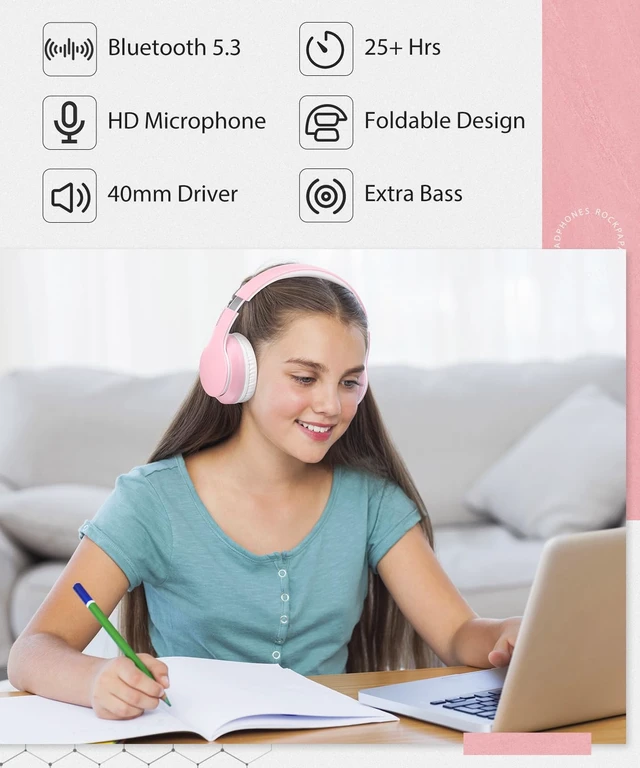 Alt view image 4 of 7 - E7 Wired/Wireless Bluetooth Headphones with Mic, 25 Hours Playtime 2 in 1 Wire less Blue tooth Head Phones Foldable Lightweight for Kids Boys Girls Youth in School Airplane Car Pink