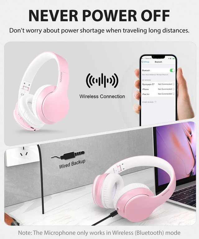 Alt view image 5 of 7 - E7 Wired/Wireless Bluetooth Headphones with Mic, 25 Hours Playtime 2 in 1 Wire less Blue tooth Head Phones Foldable Lightweight for Kids Boys Girls Youth in School Airplane Car Pink