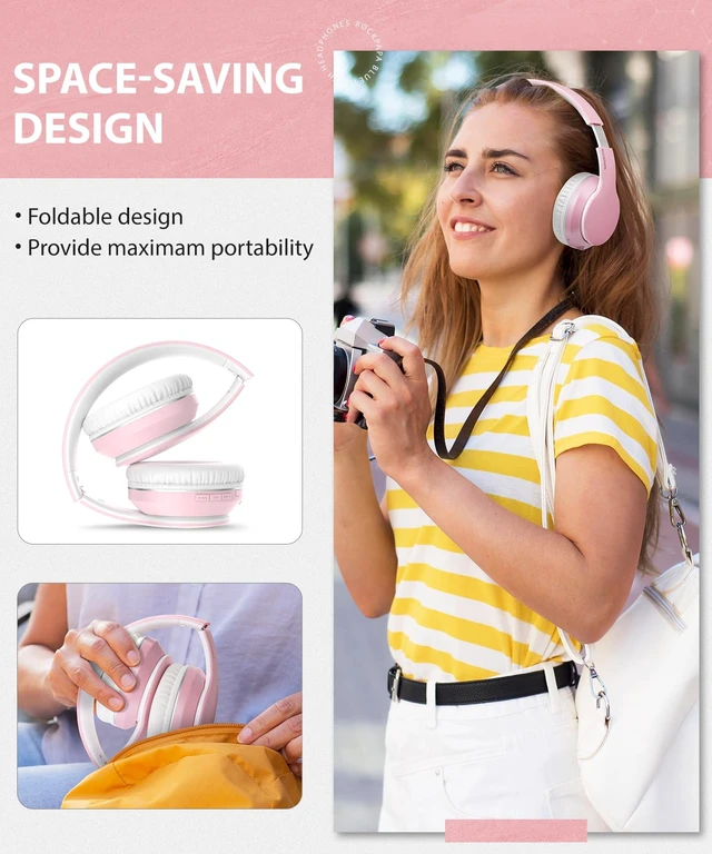 Alt view image 6 of 7 - E7 Wired/Wireless Bluetooth Headphones with Mic, 25 Hours Playtime 2 in 1 Wire less Blue tooth Head Phones Foldable Lightweight for Kids Boys Girls Youth in School Airplane Car Pink