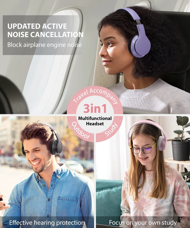 Alt view image 7 of 7 - E7 Wired/Wireless Bluetooth Headphones with Mic, 25 Hours Playtime 2 in 1 Wire less Blue tooth Head Phones Foldable Lightweight for Kids Boys Girls Youth in School Airplane Car Pink