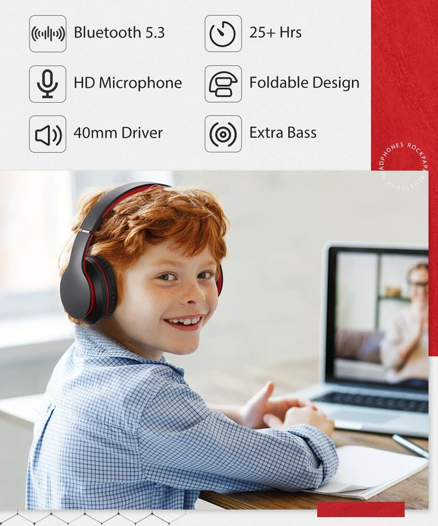 Alt view image 5 of 7 - E7 Wired/Wireless Bluetooth Headphones with Mic, 25 Hours Playtime 2 in 1 Wire less Blue tooth Head Phones Foldable Lightweight for Kids Boys Girls Youth in School Airplane Car Black Red