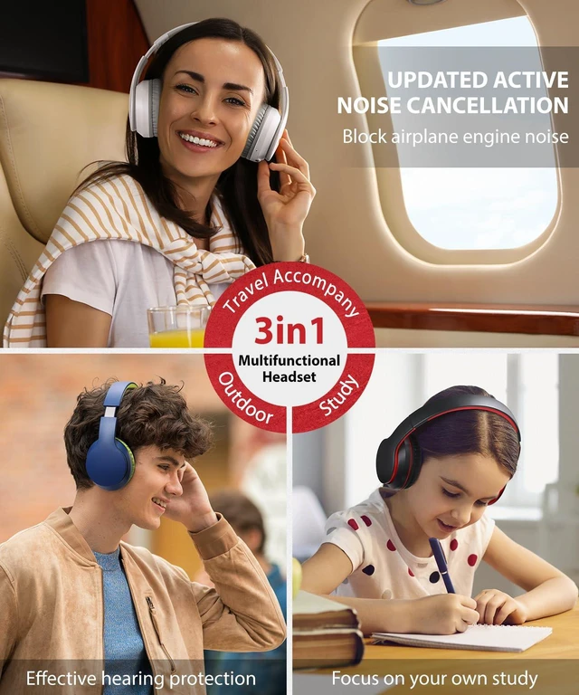 Alt view image 7 of 7 - E7 Wired/Wireless Bluetooth Headphones with Mic, 25 Hours Playtime 2 in 1 Wire less Blue tooth Head Phones Foldable Lightweight for Kids Boys Girls Youth in School Airplane Car Black Red