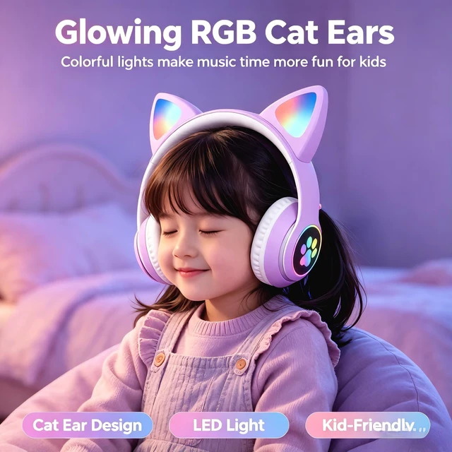 Alt view image 2 of 7 - Cat Wireless Headphones for Kids & Adults, Bluetooth Foldable & Wired Multi-Function LED Light Up Over Ear Headphones with Mic and Volume Control for iPhone/iPad/Laptop/PC(Lilac)