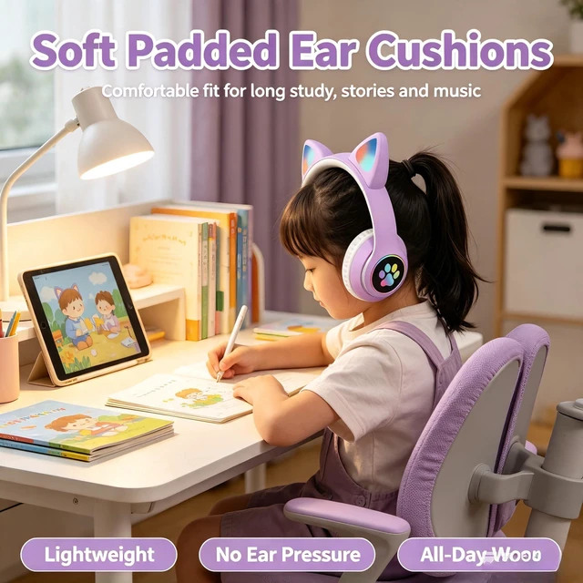 Alt view image 4 of 7 - Cat Wireless Headphones for Kids & Adults, Bluetooth Foldable & Wired Multi-Function LED Light Up Over Ear Headphones with Mic and Volume Control for iPhone/iPad/Laptop/PC(Lilac)