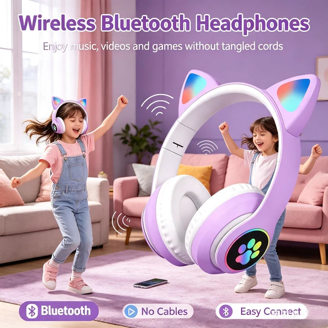 Alt view image 3 of 7 - Cat Wireless Headphones for Kids & Adults, Bluetooth Foldable & Wired Multi-Function LED Light Up Over Ear Headphones with Mic and Volume Control for iPhone/iPad/Laptop/PC(Lilac)