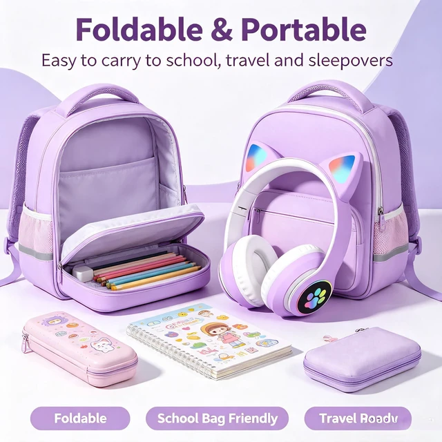 Alt view image 5 of 7 - Cat Wireless Headphones for Kids & Adults, Bluetooth Foldable & Wired Multi-Function LED Light Up Over Ear Headphones with Mic and Volume Control for iPhone/iPad/Laptop/PC(Lilac)