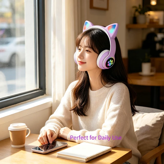 Alt view image 6 of 7 - Cat Wireless Headphones for Kids & Adults, Bluetooth Foldable & Wired Multi-Function LED Light Up Over Ear Headphones with Mic and Volume Control for iPhone/iPad/Laptop/PC(Lilac)