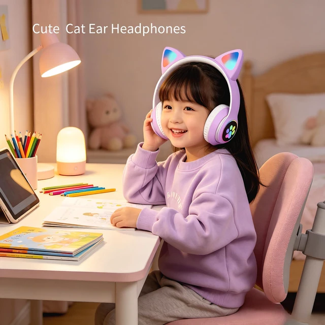 Alt view image 7 of 7 - Cat Wireless Headphones for Kids & Adults, Bluetooth Foldable & Wired Multi-Function LED Light Up Over Ear Headphones with Mic and Volume Control for iPhone/iPad/Laptop/PC(Lilac)