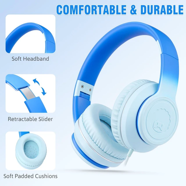 Alt view image 2 of 6 - L22 Foldable Wired Headphones for Kids Girls Boys with Microphone Stereo 3.5mm Corded Head phones for School Classroom Airplane Chromebooks Computer Laptop Phones Gradient Blue