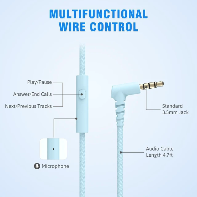Alt view image 3 of 6 - L22 Foldable Wired Headphones for Kids Girls Boys with Microphone Stereo 3.5mm Corded Head phones for School Classroom Airplane Chromebooks Computer Laptop Phones Gradient Blue