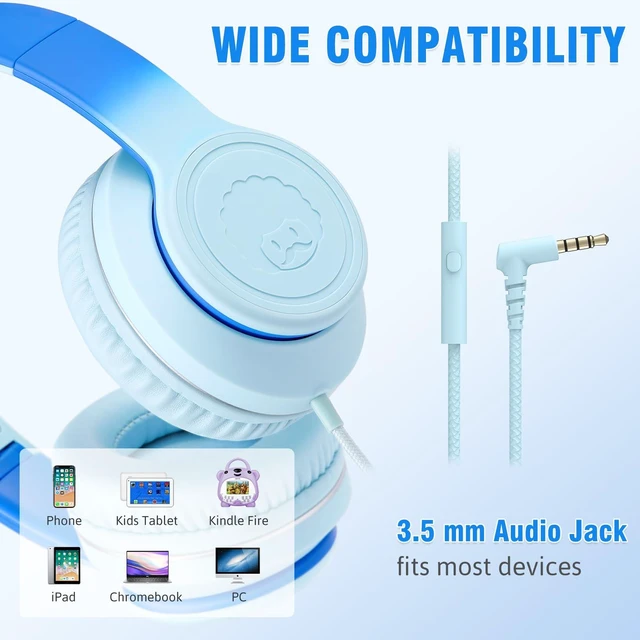 Alt view image 4 of 6 - L22 Foldable Wired Headphones for Kids Girls Boys with Microphone Stereo 3.5mm Corded Head phones for School Classroom Airplane Chromebooks Computer Laptop Phones Gradient Blue