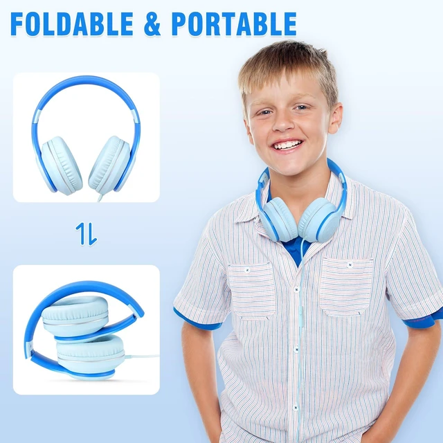 Alt view image 5 of 6 - L22 Foldable Wired Headphones for Kids Girls Boys with Microphone Stereo 3.5mm Corded Head phones for School Classroom Airplane Chromebooks Computer Laptop Phones Gradient Blue