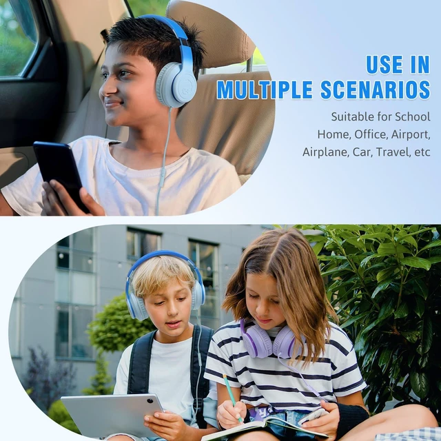 Alt view image 6 of 6 - L22 Foldable Wired Headphones for Kids Girls Boys with Microphone Stereo 3.5mm Corded Head phones for School Classroom Airplane Chromebooks Computer Laptop Phones Gradient Blue