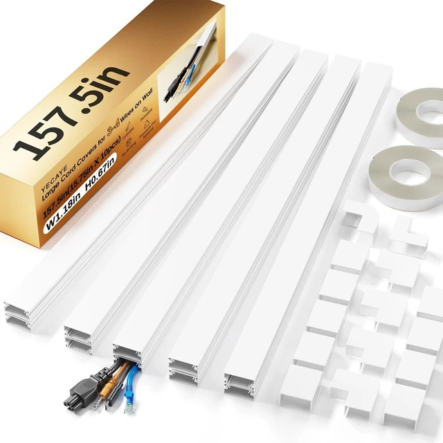 Main image of 157.5in Cord Hider for 3-4 Wires on Wall, W1.18in H0.67in, White TV Cord Covers, Large TV Cable Hider, Paintable Cable Raceway, 10pcs x L15.75in