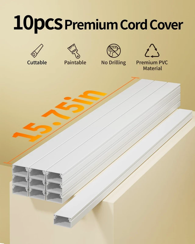 Alt view image 3 of 7 - 157.5in Cord Hider for 3-4 Wires on Wall, W1.18in H0.67in, White TV Cord Covers, Large TV Cable Hider, Paintable Cable Raceway, 10pcs x L15.75in