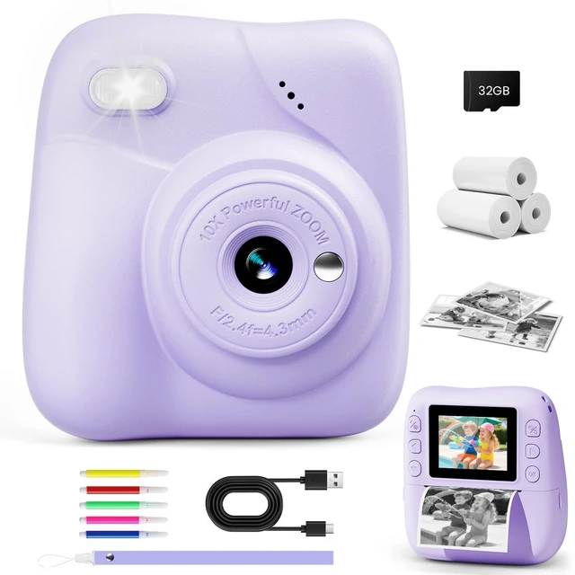 Main image of Kids Camera Instant Print, 1080P Camera with 32GB Card, Blue Includes 3 Print Paper, 2.0" Screen Digital Camera, 10X Zoom, Birthday for Boys & Girls Ages 3-12