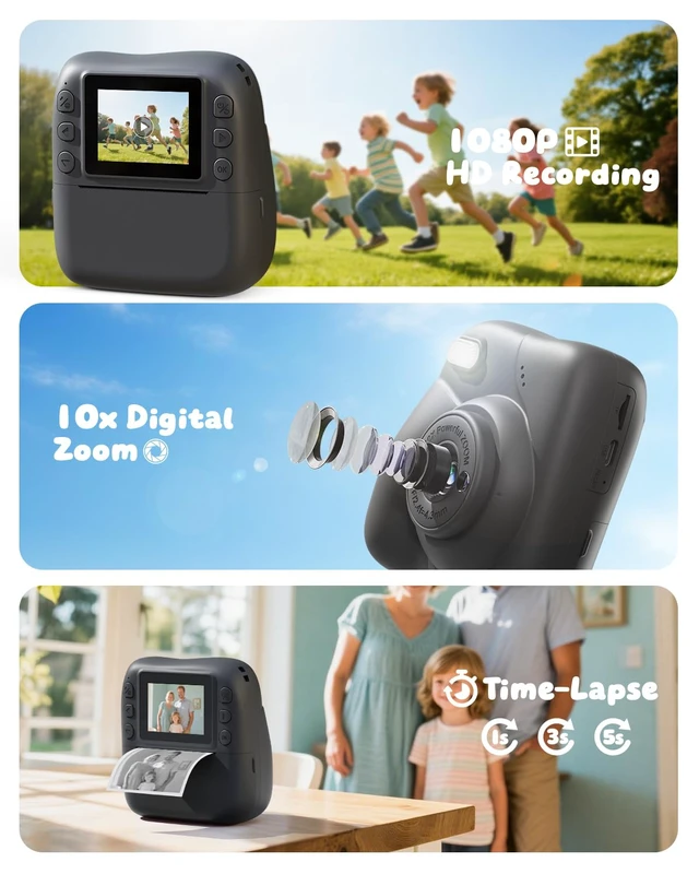 Alt view image 5 of 7 - Kids Camera Instant Print, 1080P Camera with 32GB Card, Blue Includes 3 Print Paper, 2.0" Screen Digital Camera, 10X Zoom, Birthday for Boys & Girls Ages 3-12