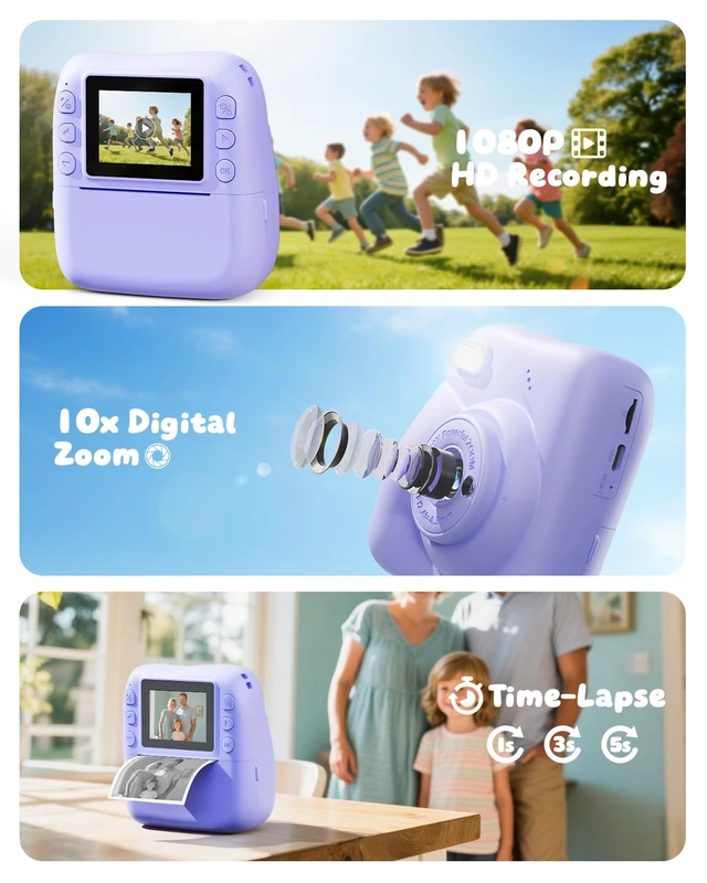 Alt view image 5 of 7 - Kids Camera Instant Print, 1080P Camera with 32GB Card, Blue Includes 3 Print Paper, 2.0" Screen Digital Camera, 10X Zoom, Birthday for Boys & Girls Ages 3-12