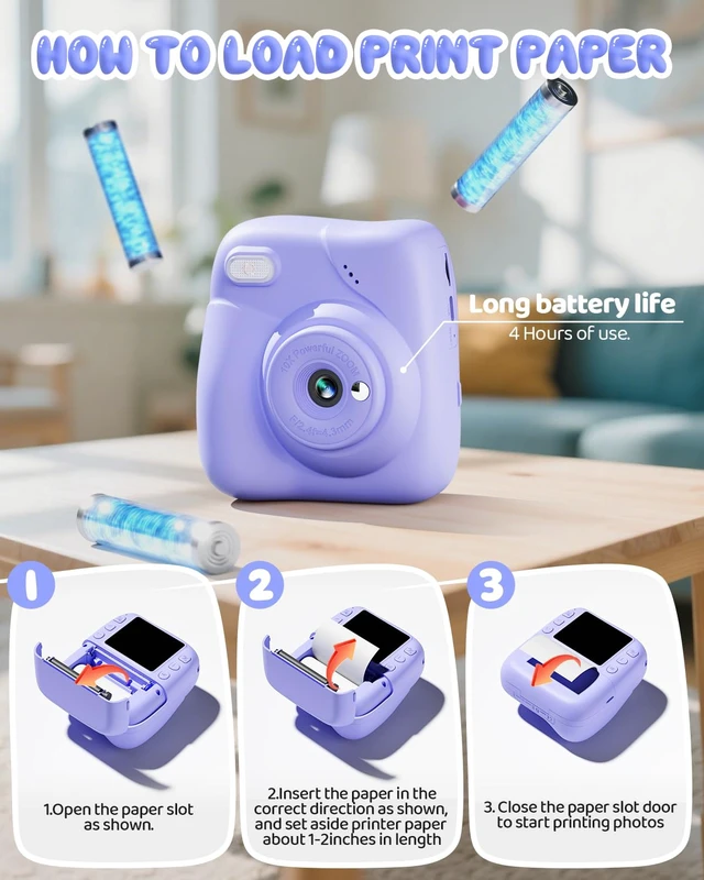 Alt view image 6 of 7 - Kids Camera Instant Print, 1080P Camera with 32GB Card, Blue Includes 3 Print Paper, 2.0" Screen Digital Camera, 10X Zoom, Birthday for Boys & Girls Ages 3-12