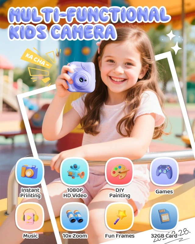 Alt view image 2 of 7 - Kids Camera Instant Print, 1080P Camera with 32GB Card, Blue Includes 3 Print Paper, 2.0" Screen Digital Camera, 10X Zoom, Birthday for Boys & Girls Ages 3-12