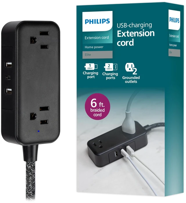 Main image of 2-Outlet Braided Extension Cord, 1 USB-C, 2 Type-A Ports Multiple Outlets, Flat Plug Power Strip, Power Strip with USB Ports, ETL Listed, Black, SPS3564B/37